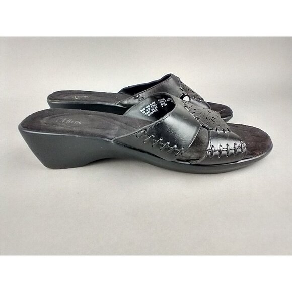 Cobbie Cuddlers Women's 10 Black Leather Wedge Heel Slides Sandals - Picture 2 of 9